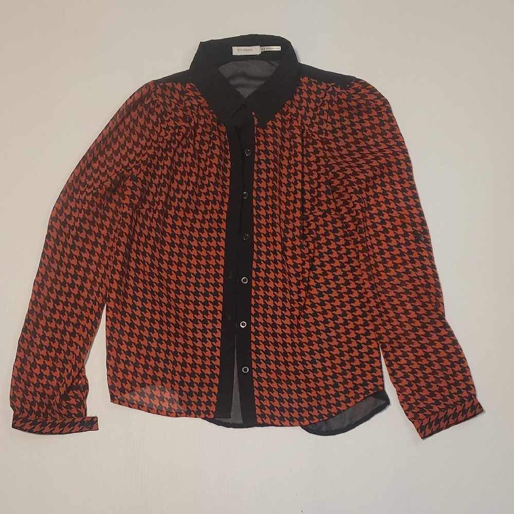 Blu Pepper Red/Black Houndstooth Collared Button-Down Blouse Sheer Top M